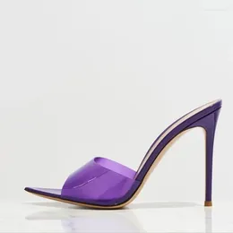 Dress Shoes Purple PVC Transparent Pointed Toe High Heel Slippers Open Thin Heels Slip On Mules Clear Summer Sandals Size 42
