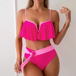 Women's Swimwear Colour Contrast Patchwork Swimsuit For Women 2024 High Waist Bandage Ruffle 2 Piece Bikini V-neck Suspender Backless