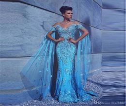 2020 Gorgeous Blue Sexy Mermaid Prom Dresses Short Sleeves Major Beaded Appliques Arabic Special Occasion Dresses Evening Wear8121161