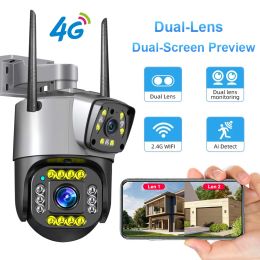 Cameras 4MP Dual Lens 4G IP Camera Wifi Outdoor Dual Screen Webcam Smarthome 1080P Waterproof PTZ CCTV Camera Security Protection V380