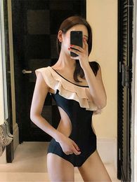 Women's Swimwear Swimsuit One-Shoulder Low-Cut Ruffled Side Hollow One-Piece Bikini Temperament Spring Outfit Korean Clothing