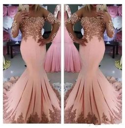 New Formal Middle East Evening Dress Long Sleeve Lace Applique Pearl Mermaid Party Prom9371851