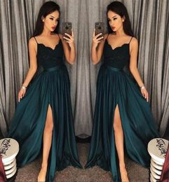 2019 Elegant Evening Gowns ALine Blackish Green High Split Cutout Side Slit Lace Top Sexy Arabic Sweep Train Formal Party Prom Dr5865344