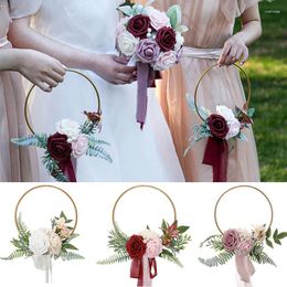 Decorative Flowers Bridesmaid Gold Hoop Bouquet For Wedding Bridal Shower Ceremony Artificial Rose Wreath Front Door Wall Decor Accessories