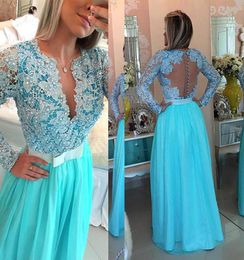 Chiffon Vneck Long Sleeves Aline Evening Dresses Blue Lace and Chiffon with Crystals Long Sleeves Prom Dress vestido longo de fe5819246