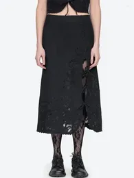 Skirts Black Women Embroidery Hollow Out Midi Skirt Summer 2024 Fashion High Waist A-Line Split Jupe For Ladies