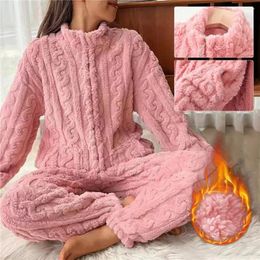 Women's Sleepwear Plush Pyjama Set Women Warm Two-piece Suit Cosy Winter Pyjamas With Stand Collar Zipper Closure Thick For