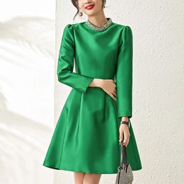 Casual Dresses Elegant Party For Women Spring Autumn Diamonds Long Sleeve Vintage Dress A-line Solid Women's Green Red Black Slim