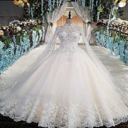 Dresses 2022 Sexy Luxury Lace Ball Gown Wedding Dresses High Neck Crystal Beaded Long Sleeves Bridal Gowns Sequined Tulle Cathedral Train