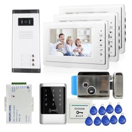 Intercom 7'' Monitor Video Door Phone Intercom System Camera Doorbell RFID Code Access Control for 2 3 Apartments Family Electric lock