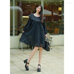 Casual Dresses SuperAen 2024 Spring/Summer Dress Jacquard Fabric Doll Neck Long Sleeve Beaded