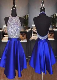 Royal Blue Beaded Crystals Satin Homecoming Dresses Halter Neck Backless Short Formal Party Ball Gowns Rhinestones Prom Dresses Co2889879