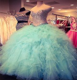 Elegant sleeveless tulle ball gown luxury crystal Ruffled Organza Mint Green beaded quinceanera dresses sexy 16 Dress9994828