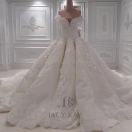 Dresses Luxury Ball Gown Arabic Wedding Dresses Off Shoulder 3DFloral Appliques Lace Bridal Gowns Cathedral Train Plus Size Lace Wedding