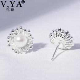 Rings V.YA 925 Sterling Silver Daisy Flower Earrings Studs Women's Temperament Simple Freshwater Pearl Earrings Engagement Jewelry