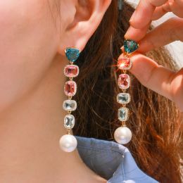 Earrings CWWZircons Beautiful Rectangle CZ Crystal Dangle Drop Long Pearl Earrings for Women Delicate Party Engagement Jewellery CZ880