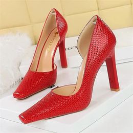 Dress Shoes BIGTREE Fashion Sexy Snake Patterned Patent Leather Thick Heels Shallow Cut Square Head Side Hollow-Out Stripper Party