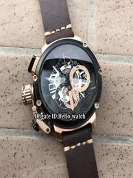 Left Handed 50mm U51 U51 Chimera Bronze 7474 Skeleton Black Dial Quartz Chronograph Mens Watch Stopwatch Black Bezel Leather Stra7300845