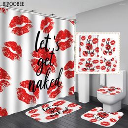 Shower Curtains Get Naked Pattern Bathroom Curtain Red Lips Printing White Non-Slip Pedestal Rug Toilet Lid Cover Bath Mat Set