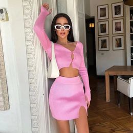 Fashion Women Two-Piece Crochet Skirt Suit Solid Colour Long Sleeve Cropped Tops And Slit Wrap Skirt Daily Street Style S M L 240402