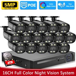 System 16CH 4K Security Network Camera System 5MP POE Two Way Audio Waterproof Outdoor Colorful Night Camera Video Surveillance Set P2P