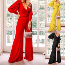 Elegant Spring Style Women's European and American Style V-Neck Long Sleeve Jumpsuit Perfect for Office or Casual Wear AST88181