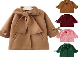 Girls laceup Bow tie Woollen coat autumn winter children Wool Warm Overcoat kids bows long sleeve long coat A41204839168