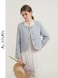 Women's Jackets ALXNAN Elegant Tweed Jacket For Women Luxury Fashion Coat Woman 2024 Spring Cropped Long Sleeve Crew Neck Top T01103