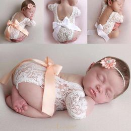 Rompers PUDCOCO Born Baby Girls Bow Lace Romper Po Clothing Flowers Hair Band Set Pography Props Jumpsuit Playsuit Clothes