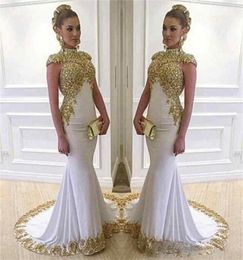 Saudi Arabia Mermaid Evening Dresses Gold Lace Appliques Women Wear Shiny High Neck Cap Sleeve White Dubai Formal Prom Gowns Plus 8350012