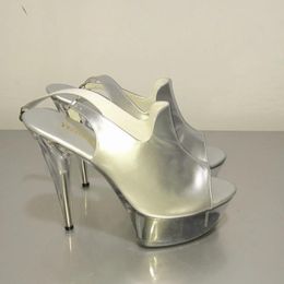 Dance Shoes Fashion 6 Inch Brand Platform High Heels 15cm Sexy Buckle Peep Toe Sandals Silver Women Crystal