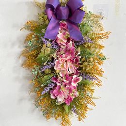 Decorative Flowers Hanging Decoration Artificial Hydrangea Wreath With Bowknot Ribbon Farmhouse