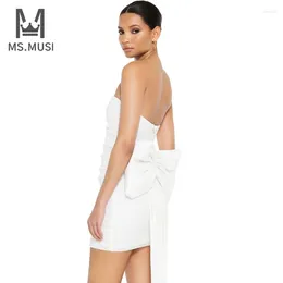 Casual Dresses MSMUSI 2024 Fashion Women Sexy Strapless Bow Sequins Draped Fold Sleeveless Bodycon Party Club Event Mini Dress Vestidos