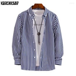 Men's Casual Shirts Men Stripes Shirt For Summer Spring Long Sleeve Polyester Blue Turndown Collar Male Fashion Clothing 00582