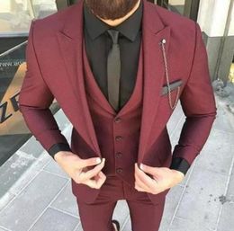 XLY 2019 Wine Red Slim Fit Wedding Mens Suit Prom 3Pieces Blazer JacketPantVest Groom Tuxedos Men Suit Costume Business Male T7570241