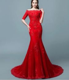 Dresses Red Lace Mermaid Wedding Dresses Off the Shoulder Half Sleeves Laceup Back Country Western Colourful Bridal Gowns Non White Custom