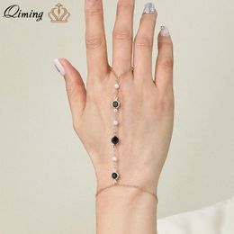 Link Bracelets QIMING Zircon Crystal Pearl Chain Engagement Jewellery For Women Finger Ring Wrist Bracelet Party Gift