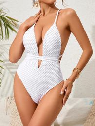 Women's Swimwear White One Piece Swimsuit Solid V Neck Wrap Arround Hollow Out Tummy Control Bathing Suit Backless Monokini 2024