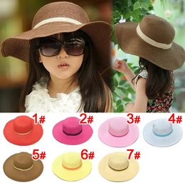 2014 Wholesale 7 Colours summer Children solid Simple elegant large brimmed straw hat baby girls Beach Hats sun hat 10 pcs/lot 240319