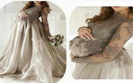 Elegant Maternity Long Sleeves Evening Dresses Wear Jewel Lace Applique Organza Skirt Plus Size Pregnant Women Prom Gowns Gray Ves4450113