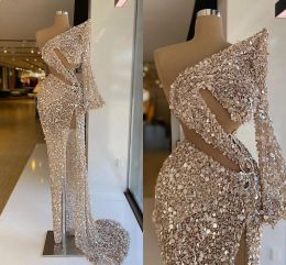 Dresses Sparkly Sequin One Shoulder High Slit Long Sleeve Arabic Prom Evening Dresses 2021
