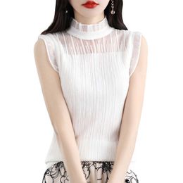 Oem Lace Patchwork Short Sleeves Stand Collar Clothing Women High Neck Sleeveless Knit Summer Shirt