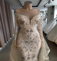 Dubai Wedding Dresses Beads Crystal Removable Skirt Off the Shoulder Bridal Gown Full Sleeves vestido de noiva5912538