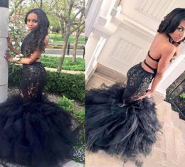 REAL IMAGE 100 Black Girls Mermaid Prom Dresses 2019 Sheer Lace Applique Sexy Backless Ruffles Skirt Formal Dresses Evening Gowns1555600