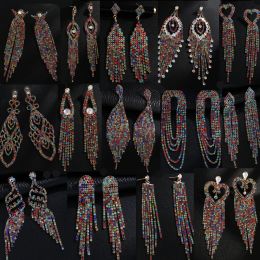 Earrings Wholesale 6 Pairs/Lot Bulk Multicolor Rhinestone Long Tassel Earrings Women Luxury Party Club Bridal Big Drop Dangle Earrings