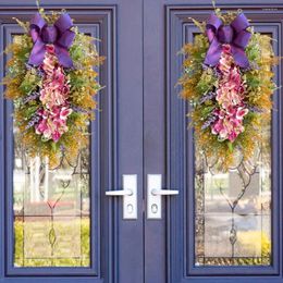 Decorative Flowers Faux Hydrangea Wreath Artificial With Bowknot Ribbon Farmhouse Wall Hanging Door For Front