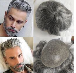 Toupees Thin Skin Mens Toupee 0.040.06mm Full PU Remy Human Hair Mix Grey Synthetic Hair Replacement System Straight Wave Toupee 10"x8"