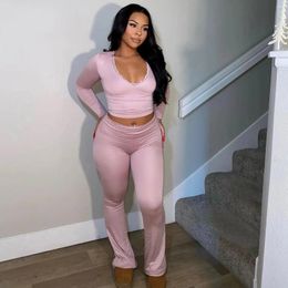 Women's Two Piece Pants Sexy Deep V-neck Lace Women Sets Pink Long Sleeve T-shirt High Waist Pant Female Skinny Casual 2024