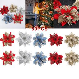 Decorative Flowers 50pcs Christmas Glitter Artificial Flower Silk Fake Xmas Tree Hanging Decoration Year Gift Home