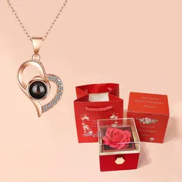 Pendant Necklaces 100 Languages I Love You Projection Heart Necklace With Rotating Rose Gift Box 2024 Jewellery Set For Women Christmas Gifts